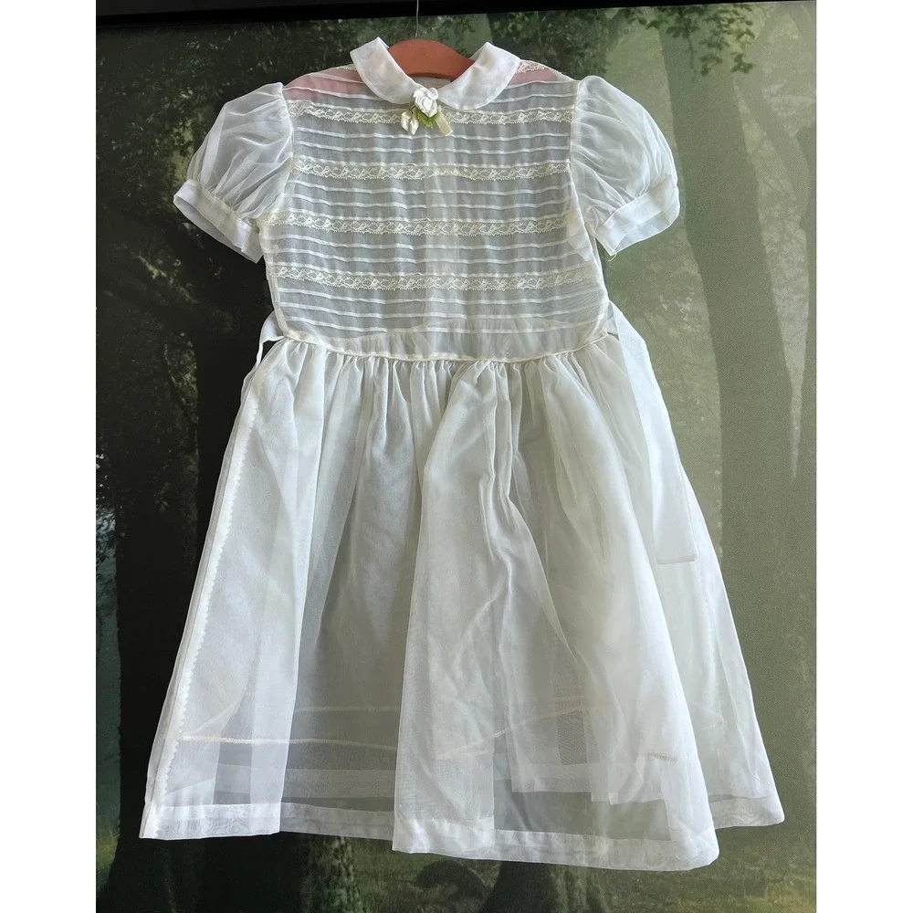 Vintage 1950s Organza Lace Girls Party Dress Sheer Puff Sleeve Peter Pan Collar - Picture 1 of 6